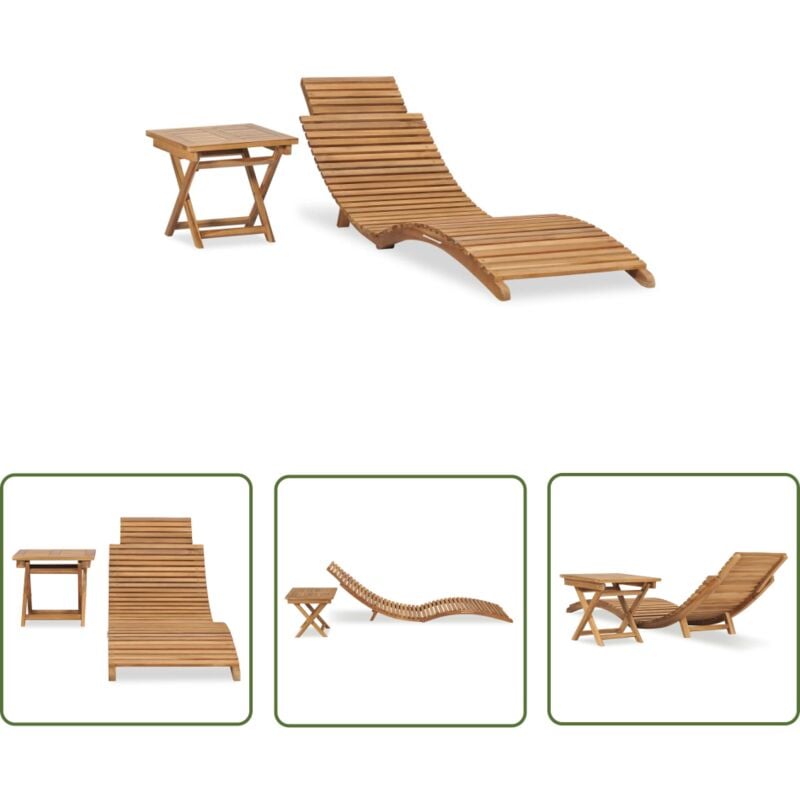 The Living Store Chaise longue pliable avec table Bois de teck solide - Chaises Longues - Mobilier De Jardin - Chaises Longues En Bois - Transats