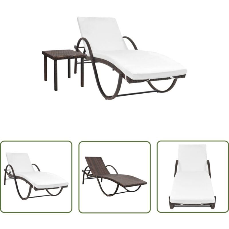 The Living Store Chaise longue avec coussin et table Résine tressée Marron - Chaises Longues - Mobilier De Jardin - Transats - Bain De Soleil