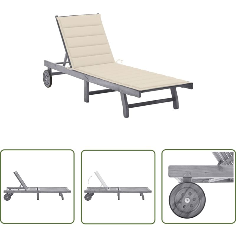 The Living Store - Chaise longue de jardin avec coussin Gris Bois d'acacia solide - Chaise Longue Jardin - Transats Exterieur - Mobilier Jardin