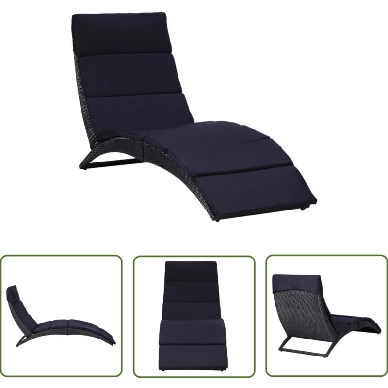 The Living Store - Transat avec coussin Résine tressée Noir - Chaise Longue - Transat - Mobilier De Jardin - Salon De Jardin - Relax