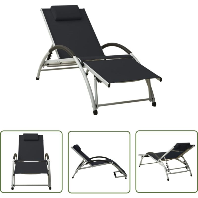 The Living Store Chaise longue avec oreiller textilène noir - Chaise Longue - Transat - Mobilier De Jardin - Fauteuil De Jardin - Relax