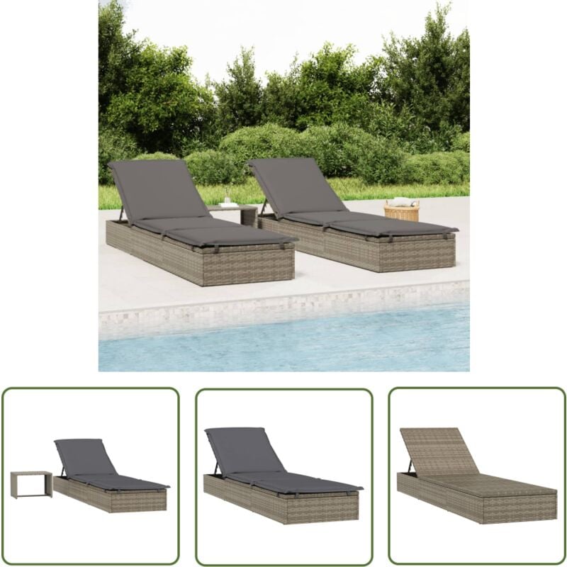 The Living Store - Transat 1 pc avec table gris résine tressée - Chaise Longue - Transat - Salon De Jardin - Mobilier Extérieur - Relax