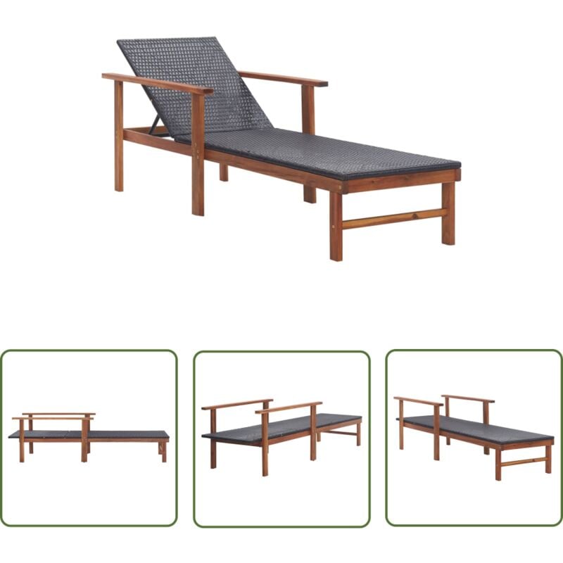 The Living Store - Chaise longue Résine tressée et bois d'acacia massif Noir - Chaises Longues - Transat - Mobilier De Jardin - Chaises Extérieures