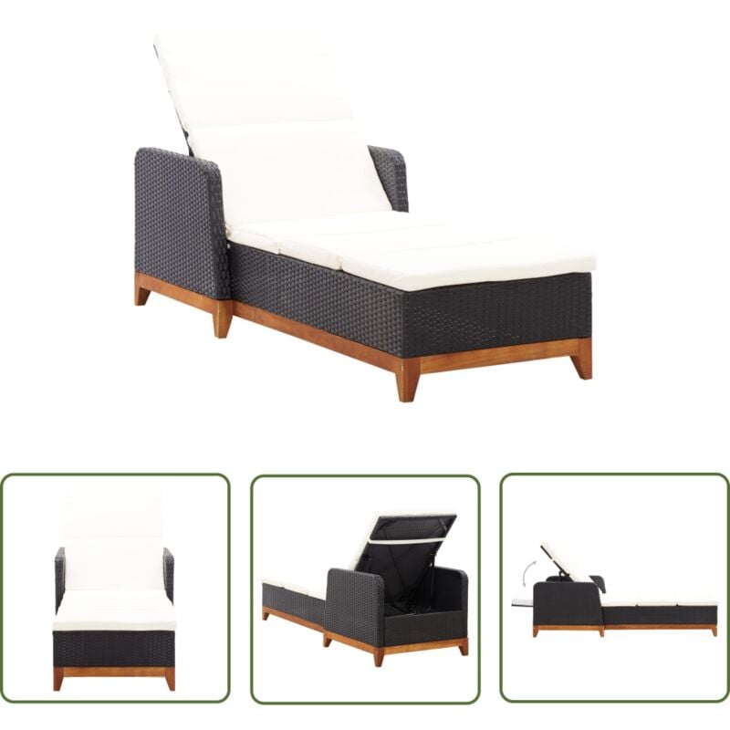 The Living Store - Chaise longue Résine tressée et bois d'acacia massif Noir - Chaises Longues - Transats - Mobilier De Jardin - Chaises De Jardin