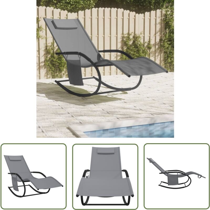 The Living Store Chaise longue à bascule gris acier et textilène - Chaises Longues - Transats - Bain De Soleil - Fauteuil De Jardin - Relax