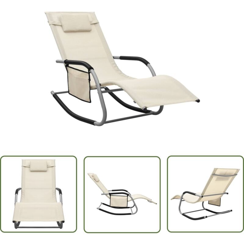 The Living Store - Chaise longue textilène crème et gris - Chaise Longue - Transat - Mobilier De Jardin - Salon De Jardin - Détente