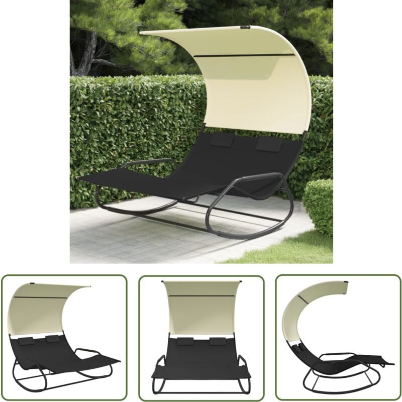 The Living Store - Chaise longue double à bascule avec auvent Noir et crème - Chaise Longue - Transats - Bain De Soleil - Meubles De Jardin - Salon