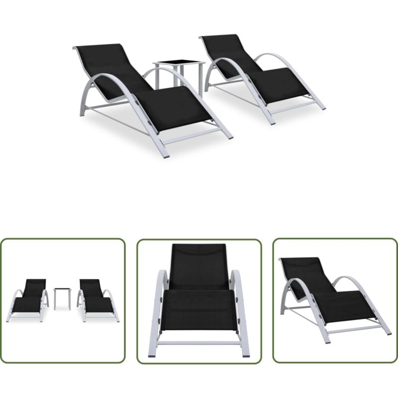 The Living Store - Chaises longues lot de 2 avec table aluminium noir - Chaise Longue - Transat - Mobilier De Jardin - Salon De Jardin - Set De