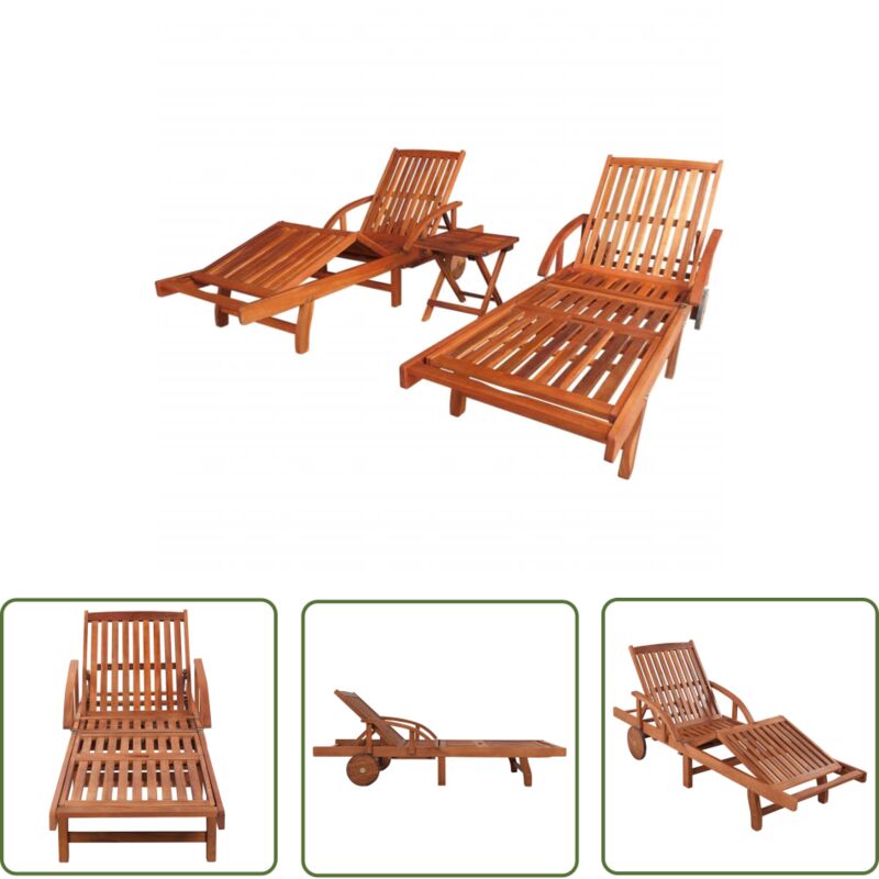 The Living Store - Chaises longues lot de 2 avec table Bois d'acacia solide - Chaise Longue - Mobilier De Jardin - Salon De Jardin - Transats - Bain