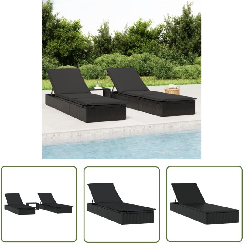 Transats 2 pcs avec table noir résine tressée - Chaise Longue - Transat - Salon De Jardin - Mobilier Extérieur - Jardin - The Living Store