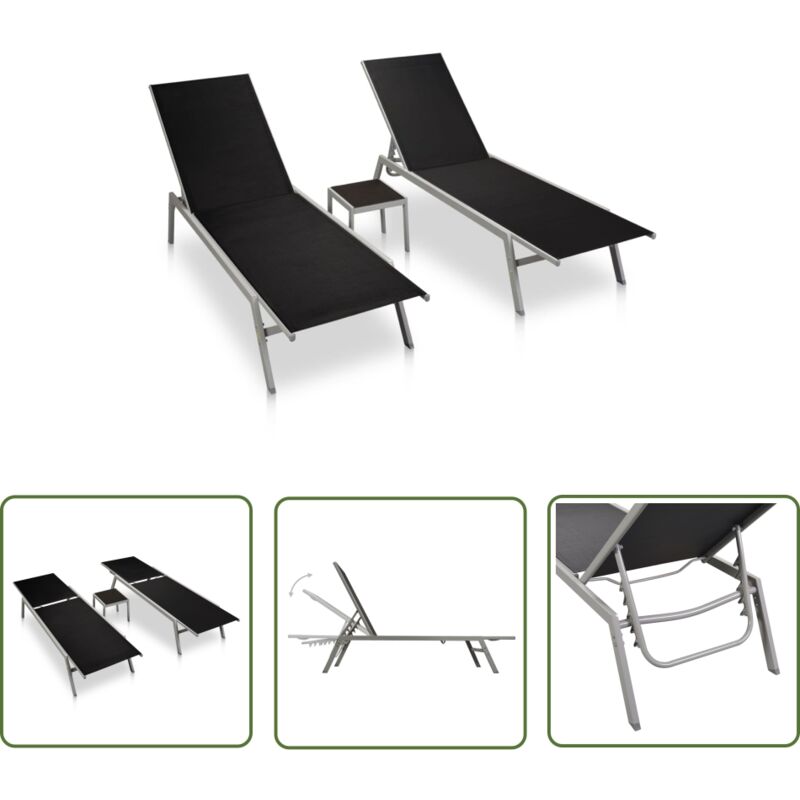 Chaises longues lot de 2 avec table acier et textilène noir - Chaise Longue - Salon De Jardin - Mobilier De Jardin - Transats - Set De Chaises