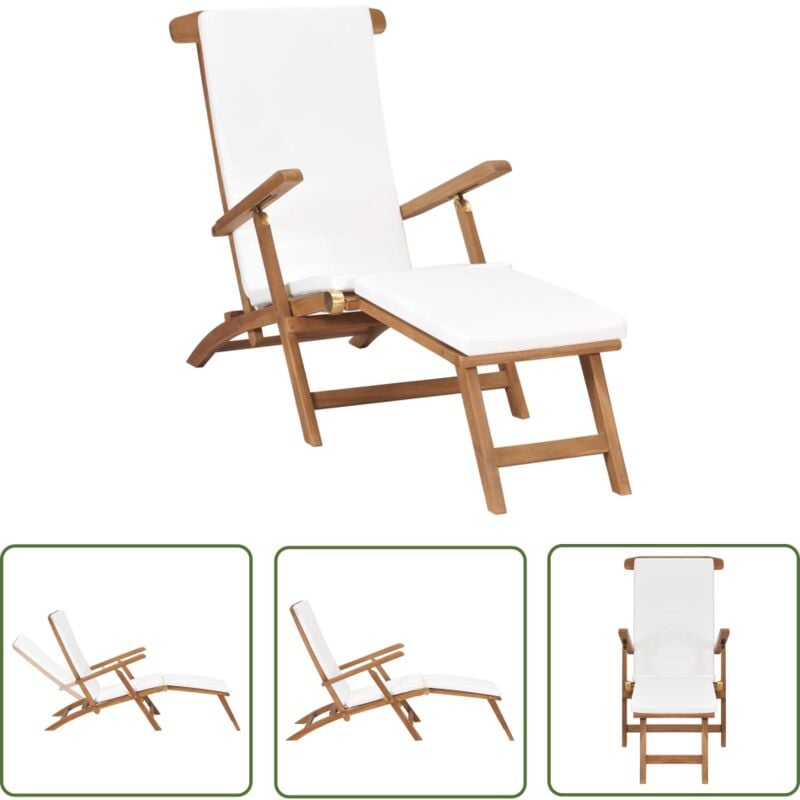 The Living Store Chaise longue avec coussin Blanc crème Bois de teck solide - Chaises Longues - Mobilier De Jardin - Transats - Chaises Pliantes