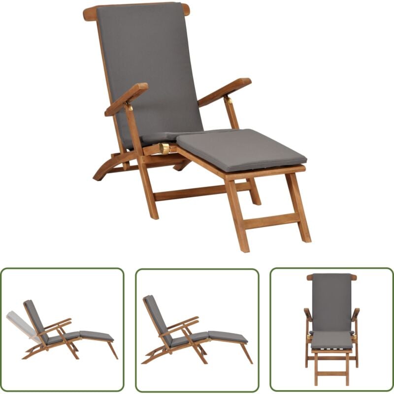 The Living Store - Chaise longue avec coussin Gris foncé Bois de teck solide - Chaises Longues - Mobilier De Jardin - Transats - Chaises Pliantes