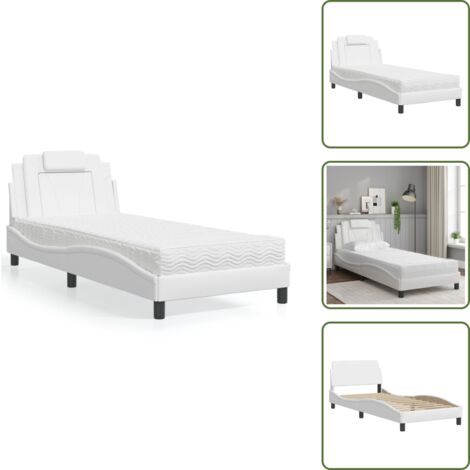 The Living Store Lit avec matelas blanc 90x200 cm similicuir - Lit Double - Lit Confortable - Lit Design - Literie Blanche - Meuble Chambre