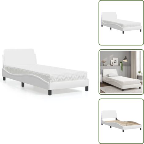 The Living Store Lit avec matelas blanc 90x200 cm similicuir - Lit Double - Lit Plateforme - Lit Design - Lit Confortable - Literie