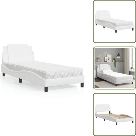 The Living Store Lit avec matelas blanc 90x200 cm similicuir - Lit Double - Lit Plateforme - Lit Design - Literie - Sommier Tapissier