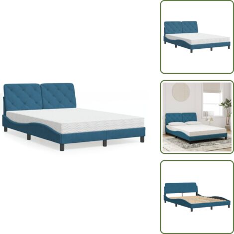 The Living Store Lit avec matelas bleu 120x200 cm velours - Lit Double - Lit Plateforme - Lit Design - Lit Velours - Literie
