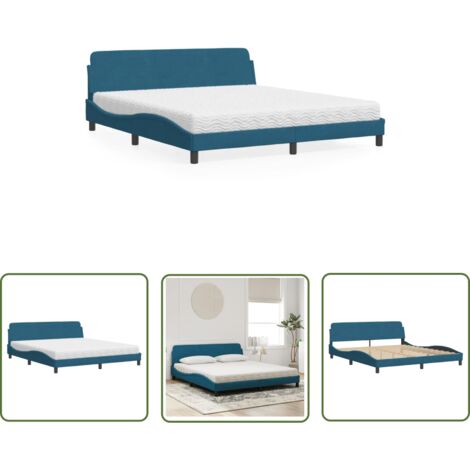 The Living Store Lit avec matelas bleu 180x200 cm velours - Lit Double - Lit Plateforme - Lit Design - Lit Velours - Literie