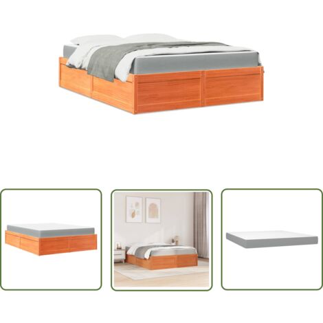 The Living Store Lit avec matelas cire marron 140x200 cm bois massif de pin - Lit Double - Lit Plateforme - Lit Bois Massif - Matelas Ressorts Ensachés - Literie