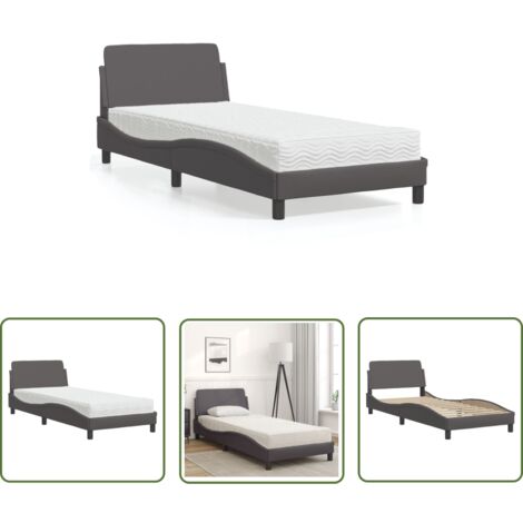 The Living Store Lit avec matelas gris 90x190 cm similicuir - Lit Double - Lit Plateforme - Lit Design - Lit Confortable - Matelas Inclus