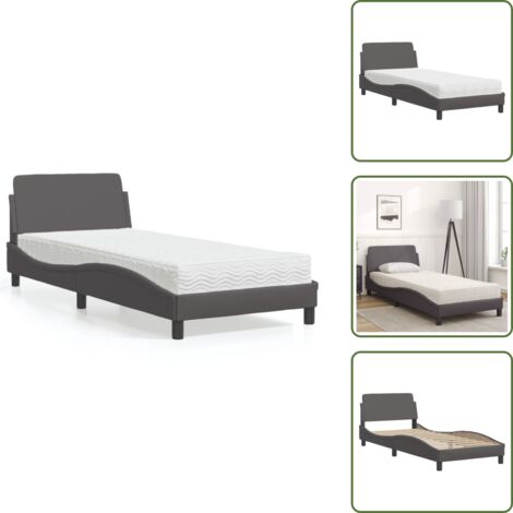 The Living Store Lit avec matelas gris 90x200 cm similicuir - Lit Double - Lit Plateforme - Lit Design - Lit Confortable - Literie