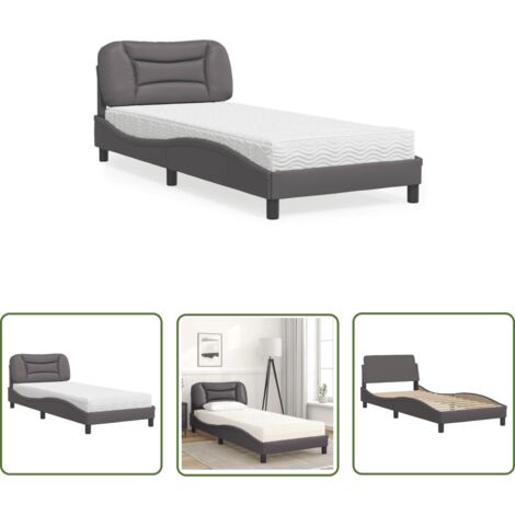 The Living Store Lit avec matelas gris 90x200 cm similicuir - Lit Double - Lit Plateforme - Lit Design - Lit Moderne - Literie