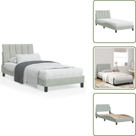 The Living Store Lit avec matelas gris clair 90x200 cm velours - Lit Double - Lit Capitonné - Lit Design - Lit Velours - Literie