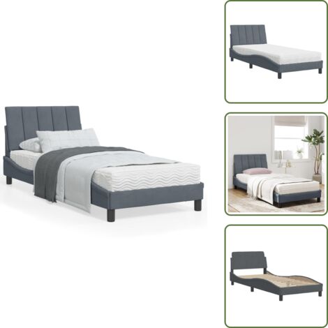 The Living Store Lit avec matelas gris foncé 90x200 cm velours - Lit Double - Lit Plateforme - Lit Design - Lit Capitonné - Literie