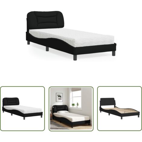 The Living Store Lit avec matelas noir 90x200 cm tissu - Lit Double - Lit Plateforme - Literie - Sommier Tapissier - Meuble Chambre