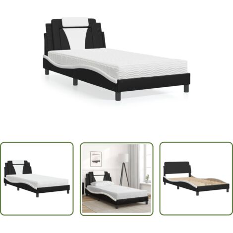 The Living Store Lit avec matelas noir et blanc 100x200 cm similicuir - Lit Double - Lit Confortable - Lit Design - Literie - Sommier Tapissier