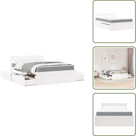 The Living Store Lit avec tiroirs et matelas blanc 140x190 cm bois massif de pin - Lit Double - Lit Plateforme - Lit Avec Rangements - Matelas Ressorts Ensachés - Chambre À Coucher