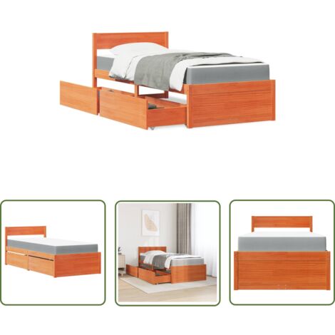 The Living Store Lit avec tiroirs/matelas cire marron 100x200 cm bois massif pin - Lit Double - Lit Coffre - Lit Avec Rangements - Meuble Chambre - Literie