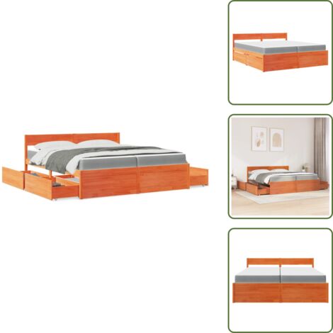The Living Store Lit avec tiroirs/matelas cire marron 200x200 cm bois massif pin - Lit Double - Lit Coffre - Meuble Chambre - Sommier Tapissier - Meubles Bois