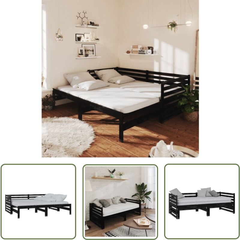 The Living Store - Lit coulissant sans matelas noir 2x(90x200) cm - Lit Convertible - Canapé Lit - Lit Invité - Lit Tiroir - Lit Compact