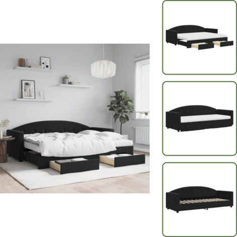 The Living Store Lit de jour avec gigogne et tiroirs noir 80x200 cm velours - Canapé Convertible - Lit Gigogne - Meuble Multifonctionnel - Lit D'appoint - Rangements Intégrés