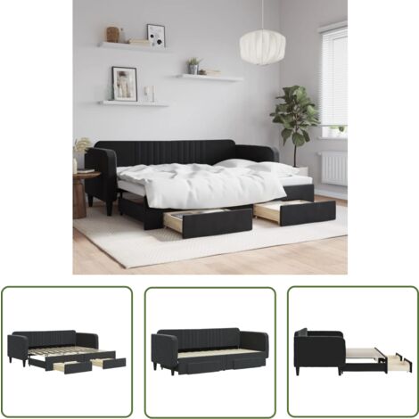 The Living Store Lit de jour avec gigogne et tiroirs sans matelas noir 80x200 cm - Canapé Lit - Lit Gigogne - Meuble Multifonctionnel - Lit D'appoint - Design Moderne