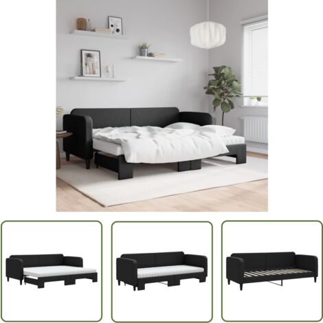 The Living Store Lit de jour avec lit gigogne et matelas noir 80x200 cm tissu - Canapé Convertible - Lit Tiroir - Literie - Meuble Multifonctionnel - Lit Invité