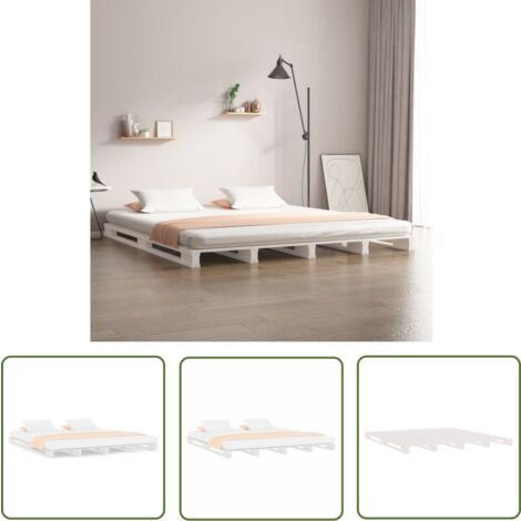 The Living Store Lit de palette blanc 200x200 cm bois de pin massif - Lit Plateforme - Lit Bois - Lit Design - Lit Double - Lit Blanc