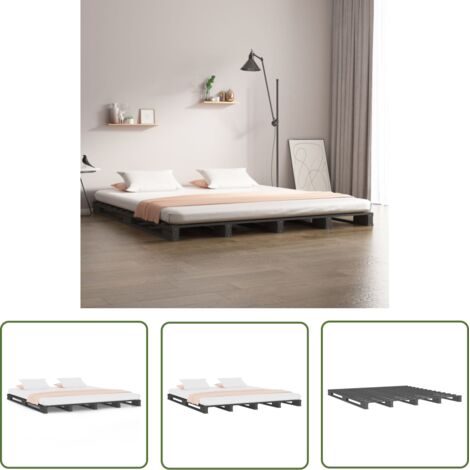 The Living Store Lit de palette sans matelas gris 140x190 cm bois massif - Lit Plateforme - Lit Bois - Lit Design - Lit Industriel - Lit Campagne