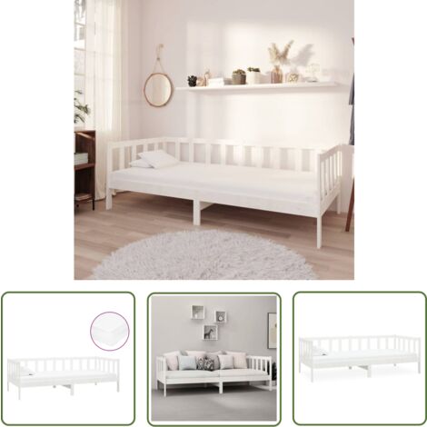 The Living Store Lit de repos avec matelas 90x200 cm Blanc Bois de pin massif - Lit Convertible - Canapé Lit - Lit Bois - Meuble Chambre - Literie