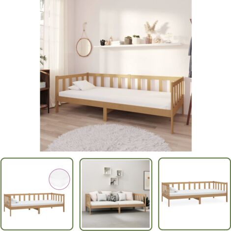 The Living Store Lit de repos et matelas 90x200cm Marron miel Bois de pin massif - Lit Convertible - Canapé Lit - Lit Bois - Lit Double - Meuble Chambre