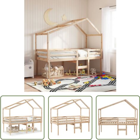 The Living Store Lit haut sans matelas 90x190 cm bois de pin massif - Lit Enfant - Lit Surélevé - Lit Cabane - Lit Plateforme - Meuble Rangement