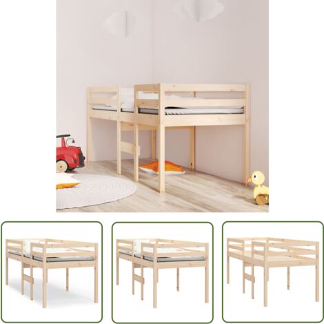 The Living Store Lit haut sans matelas 90x200 cm bois de pin massif - Lit Mezzanine - Lit Surélévé - Lit Enfant - Lit Double Hauteur - Lit Compact