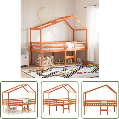 The Living Store Lit haut sans matelas cire marron 75x190 cm bois de pin massif - Lit Enfant - Lit Surélevé - Lit Cabane - Lit Design - Lit Bois Pin