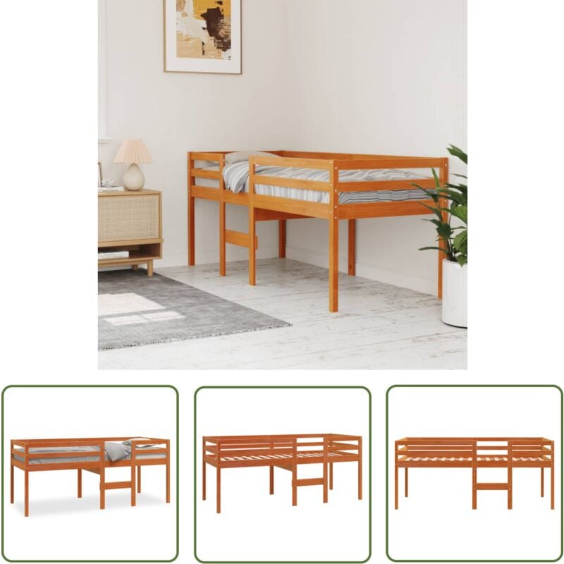 The Living Store - Lit haut sans matelas cire marron 90x200 cm bois massif - Lit Mezzanine - Lit Superposé - Lit Enfant - Lit Bois Massif - Lit Brun