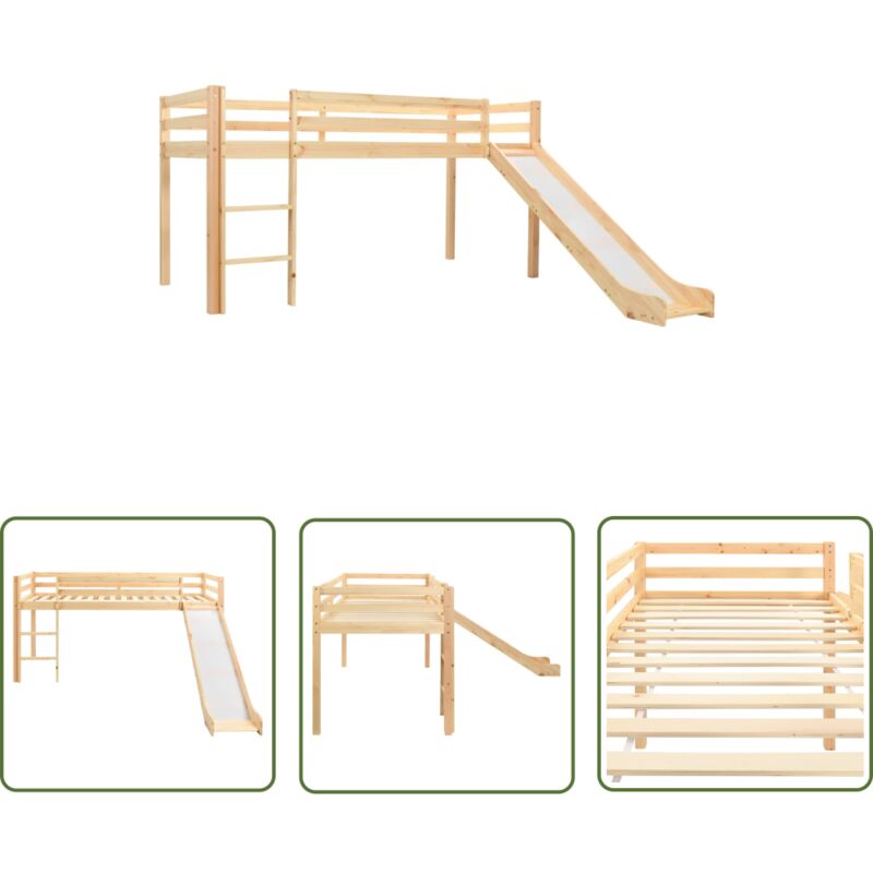 Lit mezzanine d'enfants toboggan et échelle bois pin 97x208 cm - Lit Mezzanine Enfant - Lit Enfant Avec Toboggan - Lit Plateforme Enfant - Mobilier