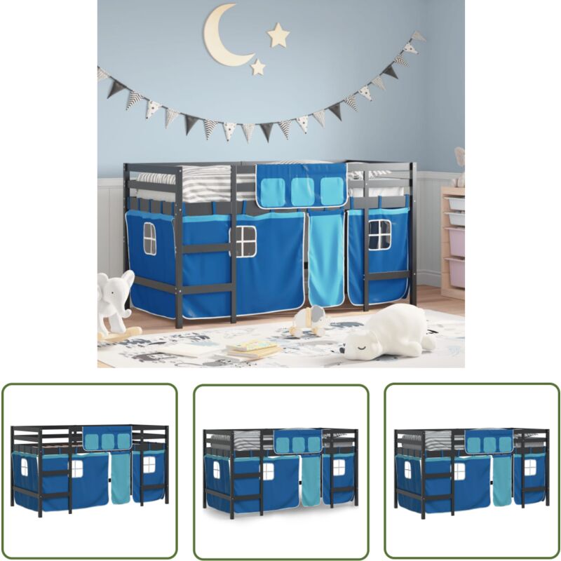 Lit mezzanine enfants avec rideaux sans matelas bleu 90x190 cm - Lit Mezzanine Enfant - Lit Plateforme Enfant - Lit Cabane Enfant - Lit Design Enfant
