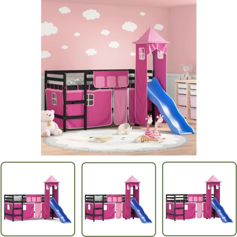 Lit mezzanine enfants avec tour sans matelas rose 80x200 cm - Lit Mezzanine Enfant - Lit Cabane - Lit Double Niveau - Mobilier Enfant - Décoration