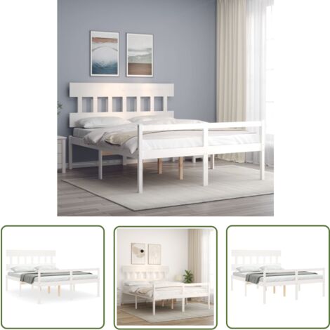 The Living Store Lit pour personne âgée sans matelas blanc 160x200cm bois massif - Lit Senior - Lit Pour Personne Agée - Lit Haut - Lit Bois Massif - Lit Blanc