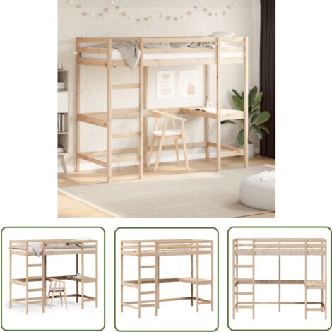 The Living Store Lit superposé avec bureau 90x200 cm bois de pin massif - Lit Mezzanine - Lit Surélevé - Lit Enfant - Meuble Compact - Bureau Intégré